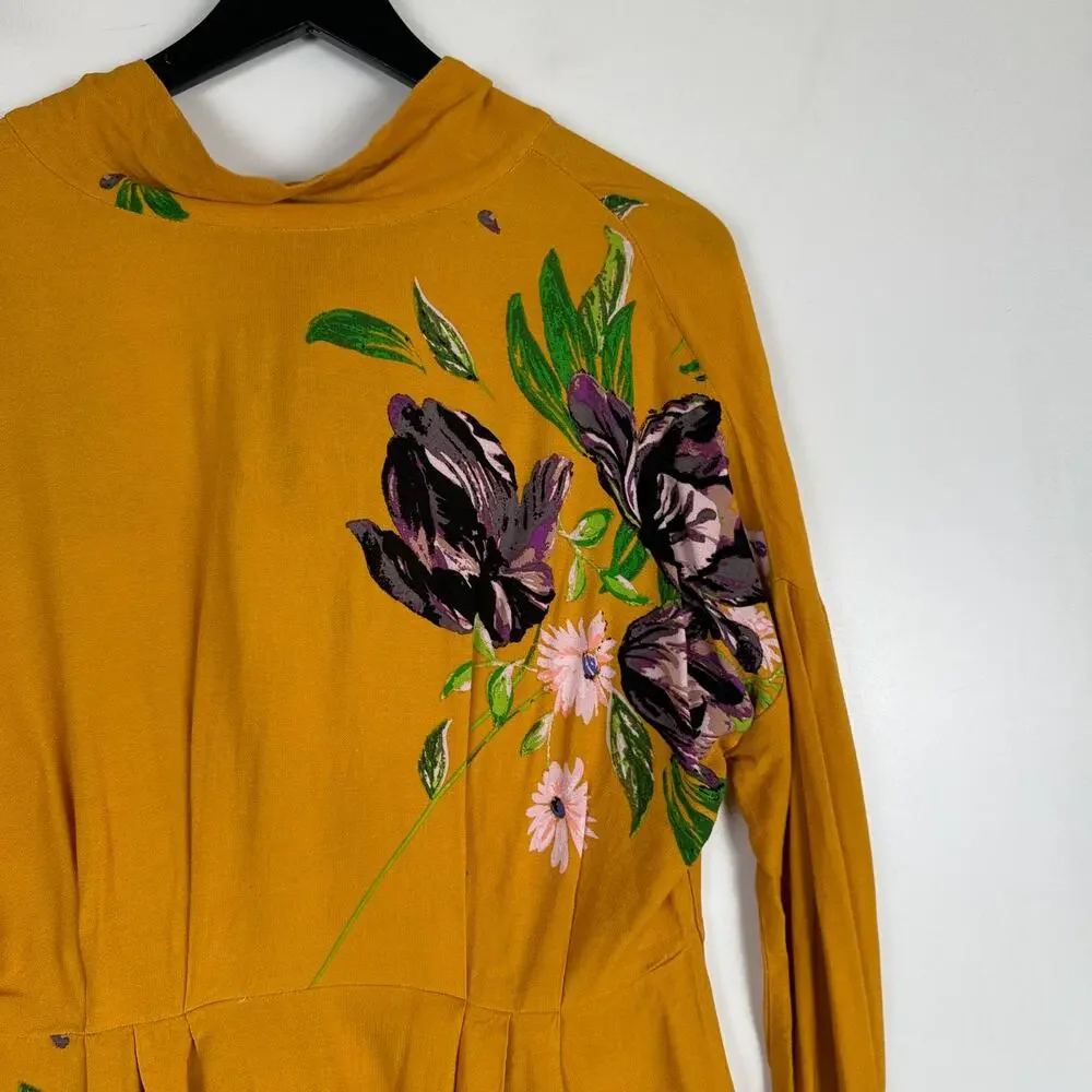 Free People Gemma Tunic Dress Mini Yellow Floral Open Back - XS
